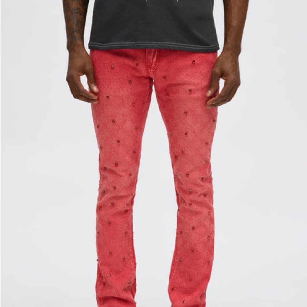 Men's Red Rhinestone Studded Skinny Jeans